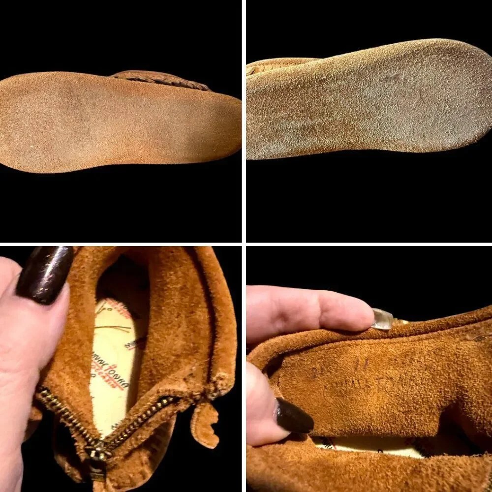 Minnetonka Girls Fringe Moccasin Boots Size 11 Suede Back Zip